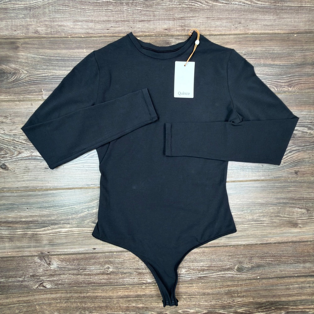 Quince Women Size Medium Bodysuit Black Organic Cotton Long Sleeve Crewneck NWT